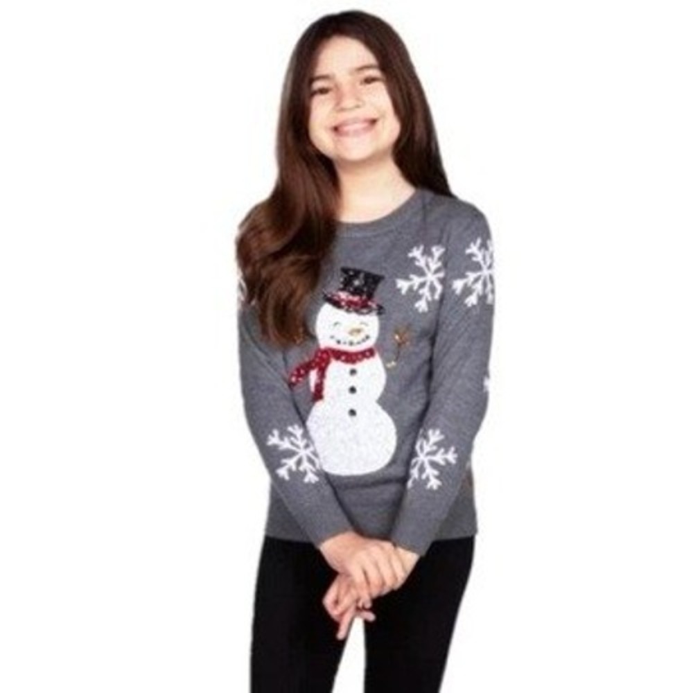 Tipsy Elves Youth Gray Sequin Snowman Snowflake Holiday Sweater Size‎ Medium M